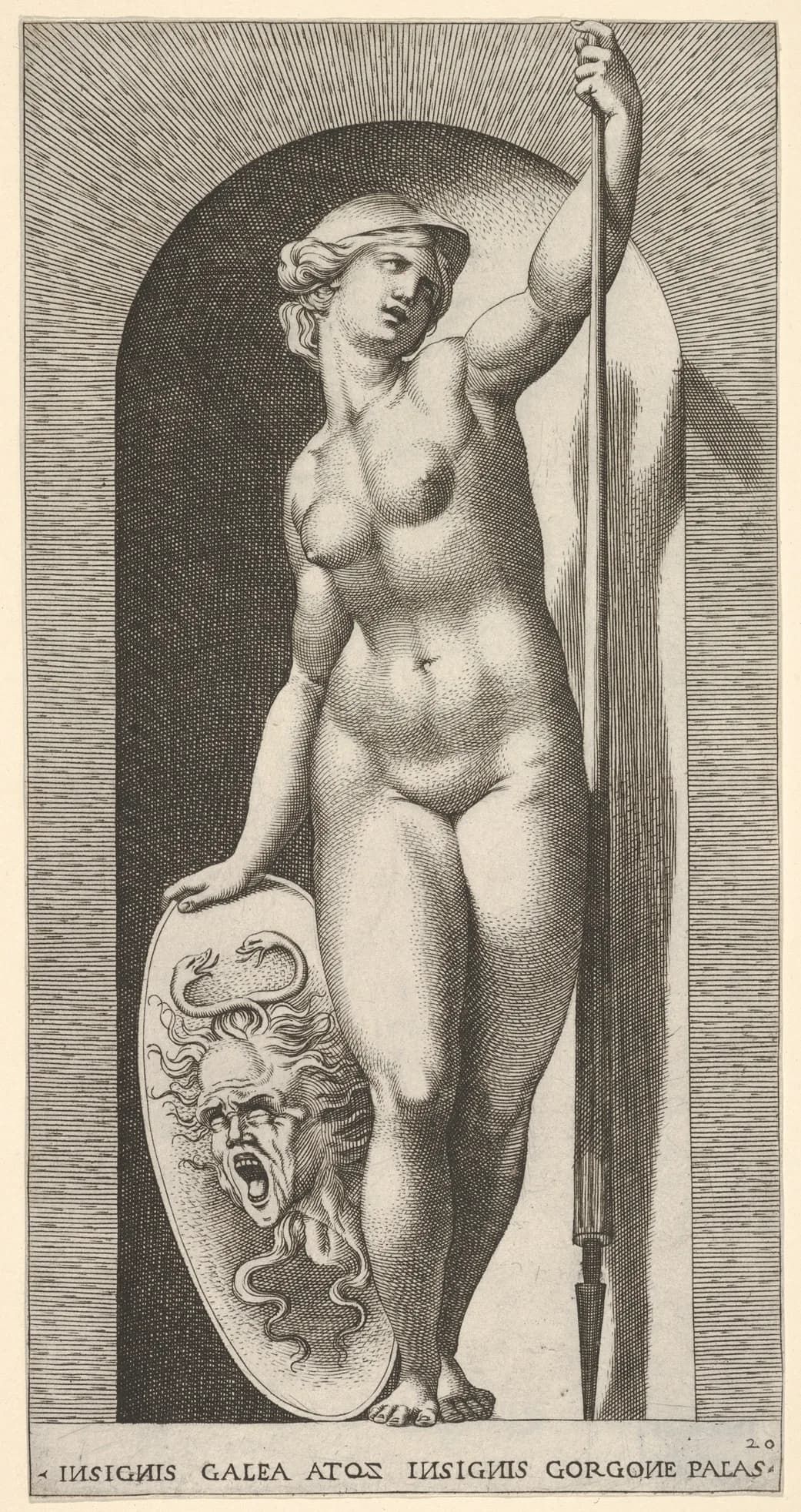 Plate 20: Pallas Athena holding a shield with Medusa's head in her right hand and a lance in her left hand, from "Mythological Gods and Goddesses"